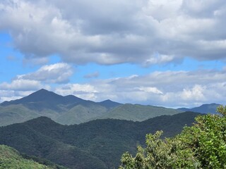 Fototapeta premium Green trees and leaves, forested mountains and rivers, cloudy sky, sunrise, sunset