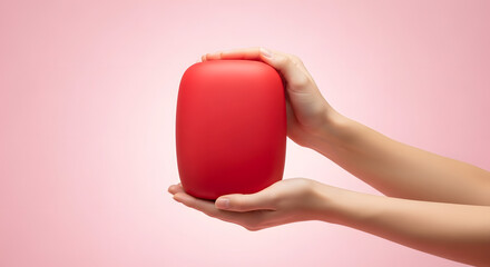 Hands holding red object against pastel pink background, Minimalist studio shot of vibrant red item in hands, Clean high-key image emphasizing care and love, Close-up of hands presenting red object on