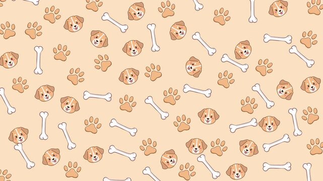 Repeating dog motifs of faces, paw prints, and bone shapes. Ideal for pet-related designs like packaging, stationery, fabrics, and merchandise.