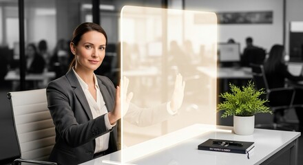 Confident businesswoman interacting with futuristic holographic interface in modern office, showcasing innovation and digital transformation for seamless workflow and enhanced productivity.