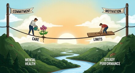 Balancing mental health and steady performance through commitment, care, motivation, and overcoming limits for personal growth and success.