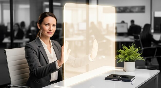 Confident businesswoman interacting with futuristic holographic interface in modern office, showcasing innovation and digital transformation for seamless workflow and enhanced productivity.