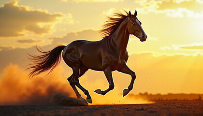Racehorse close-up in golden hour light with motion blur
