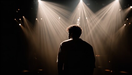 Contemplative man standing in stunning spotlight beams, ready for performance success and inspiration, perfect for motivational content