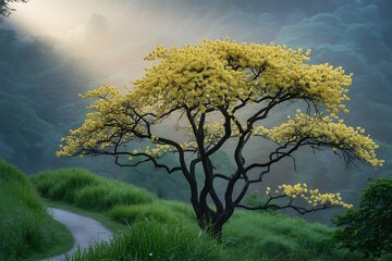 A large tree with abundant yellow blossoms stands on a green hillside next to a winding path, with misty, forested hills in the background and soft light