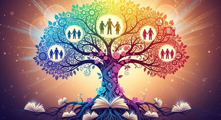 Vibrant, symbolic tree of life blooms with diverse family silhouettes and open books at its roots, radiating a warm, inspiring glow for educational and personal growth themes.