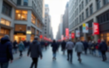 A blurry image of a city street with people walking by AI generated image. High quality