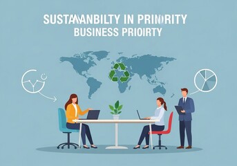 Business professionals collaborating on sustainability initiatives with world map and recycling symbol, modern office environment
