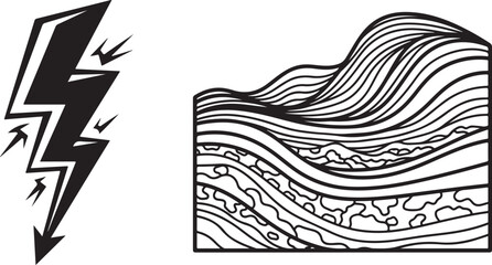 Black and White Abstract Art with Lightning Bolt and Wavy Shapes