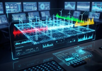 Futuristic energy grid monitoring system with real-time data visualization, advanced analytics, and wind turbine power generation insights for sustainable solutions