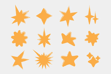Set collection of Grunge Retro star sparkle shapes. Abstract Y2k yellow silhouettes sign icon design.