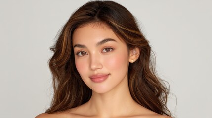 Fototapeta premium Captivating portrait of woman featuring flowing brown hair and stylish white top.