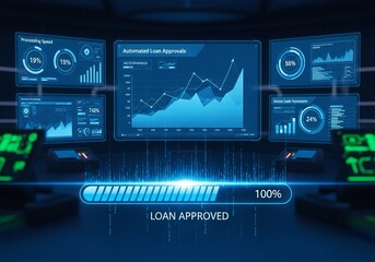 Dynamic dashboard displays automated loan approvals with real time data visualizations, progress bars, and analytics indicating successful financial transactions.