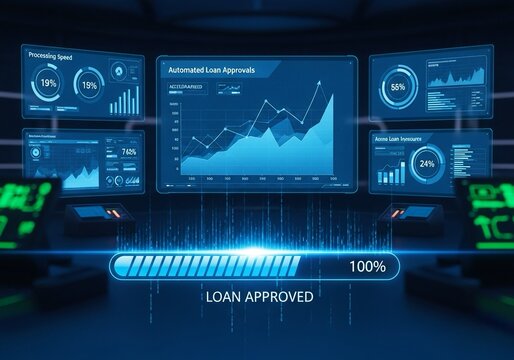 Dynamic dashboard displays automated loan approvals with real time data visualizations, progress bars, and analytics indicating successful financial transactions.