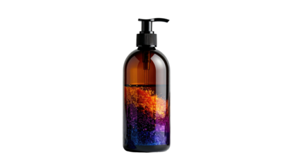 Amber glass pump bottle filled with vibrant, swirling color clouds. Black background provides sharp contrast