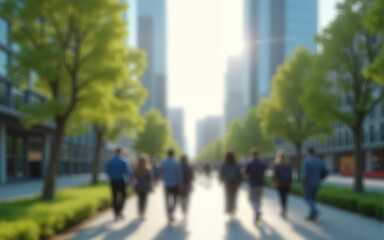 Obraz premium An abstract image of business people walking in a corporate office area located in a green city downtown. The blurred background highlights sustainable urban elements, including eco-friendly buildings