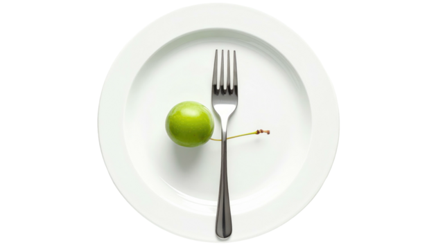 Minimalist composition of a bright green plum resting on a white plate with a silver fork across its stem