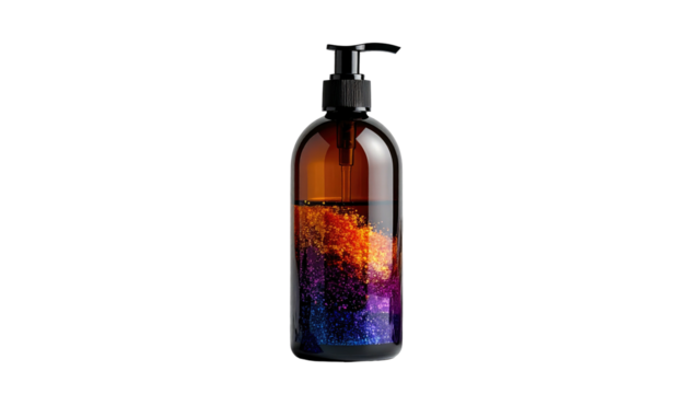 Amber glass pump bottle filled with vibrant, swirling color clouds. Black background provides sharp contrast