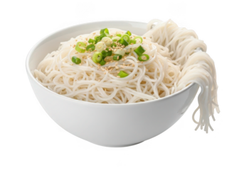 Delicious bowl of white noodles topped with green onions isolated on transparent background