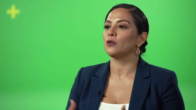 Professional Woman in Business Attire Speaking on a Green Screen Background Ideal for Corporate Presentations and News Broadcasts.