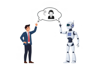 Man and robot discussing cloud computing ideas isolated on transparent background