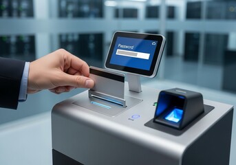 Professional businessman securely accesses data using credit card and fingerprint scan in modern server room, emphasizing advanced cybersecurity and access control systems