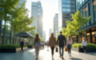 An abstract image of business people walking in a corporate office area located in a green city downtown. The blurred background highlights sustainable urban elements, including eco-friendly buildings
