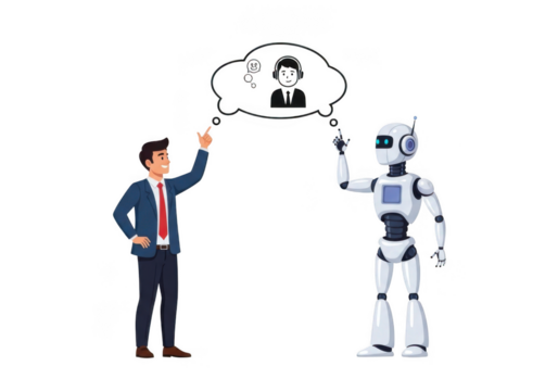 Man and robot discussing cloud computing ideas isolated on transparent background