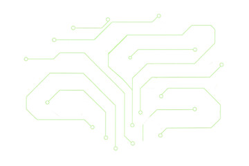 Green circuit board pattern creating an electronic design for data processing, futuristic technology, and neural network connections. Transparent background