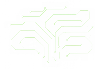 Green circuit board pattern creating an electronic design for data processing, futuristic technology, and neural network connections. Transparent background