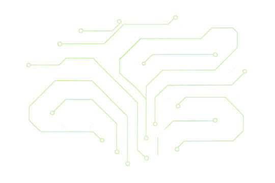 Green circuit board pattern creating an electronic design for data processing, futuristic technology, and neural network connections. Transparent background