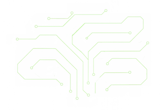 Green circuit board pattern creating an electronic design for data processing, futuristic technology, and neural network connections. Transparent background