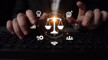 Futuristic digital law interface displaying justice scale, highlighting digital law, AI compliance,...