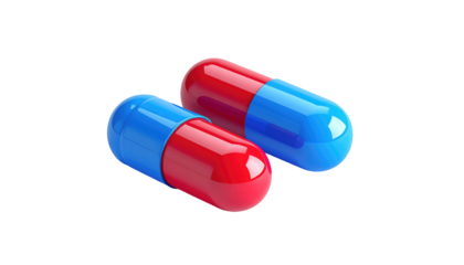 Two capsules, one red and blue, one blue and red, lie on a black background. High contrast lighting highlights reflections