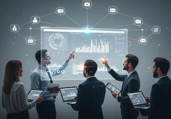 Dynamic team collaborates analyzing futuristic holographic data charts and graphs on a digital interactive screen in a modern office setting with glowing network connections