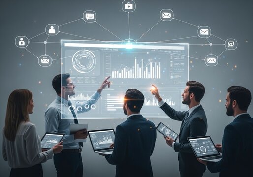 Dynamic team collaborates analyzing futuristic holographic data charts and graphs on a digital interactive screen in a modern office setting with glowing network connections - Powered by Adobe
