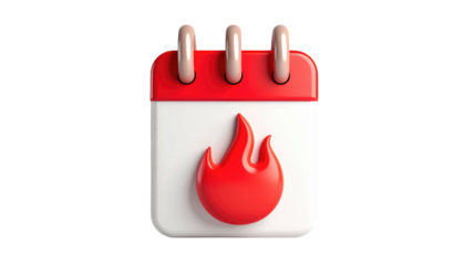 A stylized calendar icon with a red flame on its face, against a black background