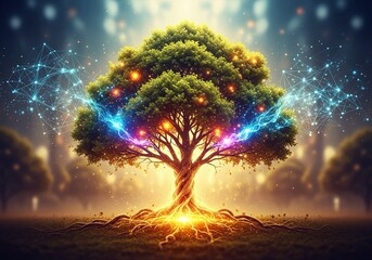 Radiant tree of life pulses with vibrant energy and glowing neural network connections, symbolizing growth, innovation, and interconnectedness in a magical glowing forest setting.