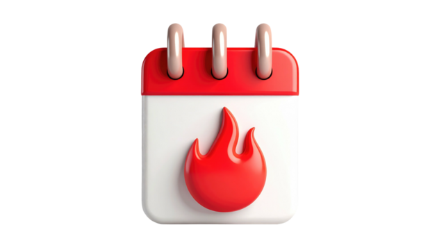 A stylized calendar icon with a red flame on its face, against a black background