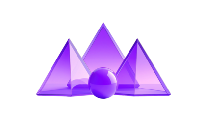 Purple translucent pyramids with a sphere, all set against a stark black backdrop