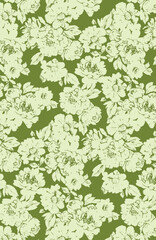 Abstract solid vector textile design, arrangement with a big bright silhouette rose flowers, full all-over seamless pattern with green tone color illustration, digital image printing factory