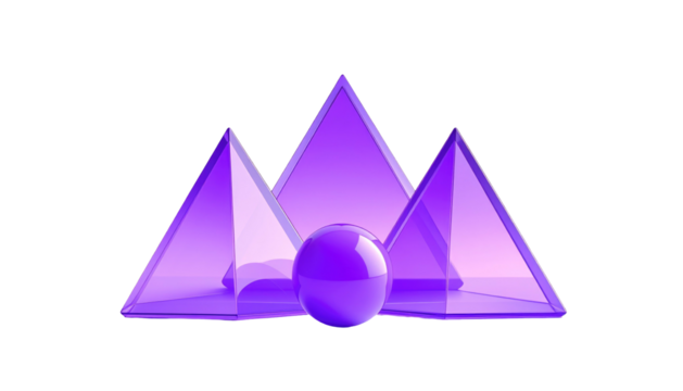 Purple translucent pyramids with a sphere, all set against a stark black backdrop - Powered by Adobe