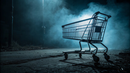 Abandon cart abandonment empty shopping trolley in foggy urban street at night evoking loneliness and mystery