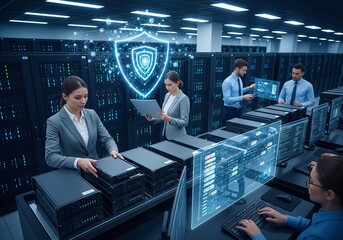 Professional team collaborating on secure data management within a modern server room, showcasing cybersecurity and innovation with glowing digital interfaces