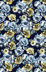 Abstract solid vector textile design, arrangement with dual-tone medium rose flowers, full all-over seamless pattern with blue and yellow tone color illustration, digital image printing factory