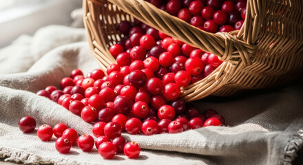 Fresh Cranberries Spilling from Rustic Wicker Basket on Linen Surface