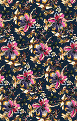 a solid vector textile design, arrangement with multicolor big abstract aster flowers, all-over seamless pattern with purple and pink tone color illustration, digital image printing factory