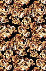 Abstract solid vector textile design, arrangement with medium monochrome rose flowers, full all-over seamless pattern with orange and black tone color illustration, digital image printing factory