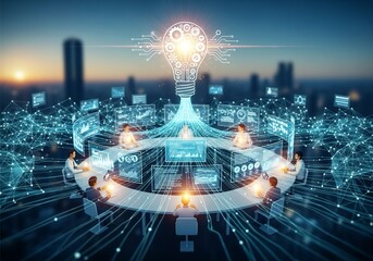 Dynamic brainstorming session sparks innovative ideas with glowing lightbulb network connecting global teams in futuristic digital boardroom with data visualization