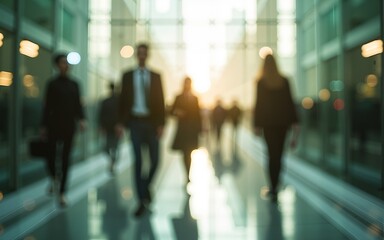 the concept of sustainability in business centers, crowds of business people walking at a corporate office in a green city downtown, abstract motion blur image with blurred background. High quality